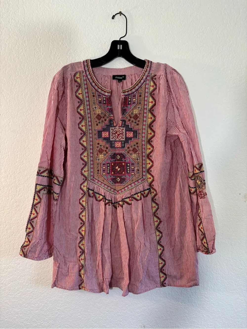 Tolani Collection Lauren Embroidered Blouse Pink White Striped Tunic Size XL - Picture 4 of 16